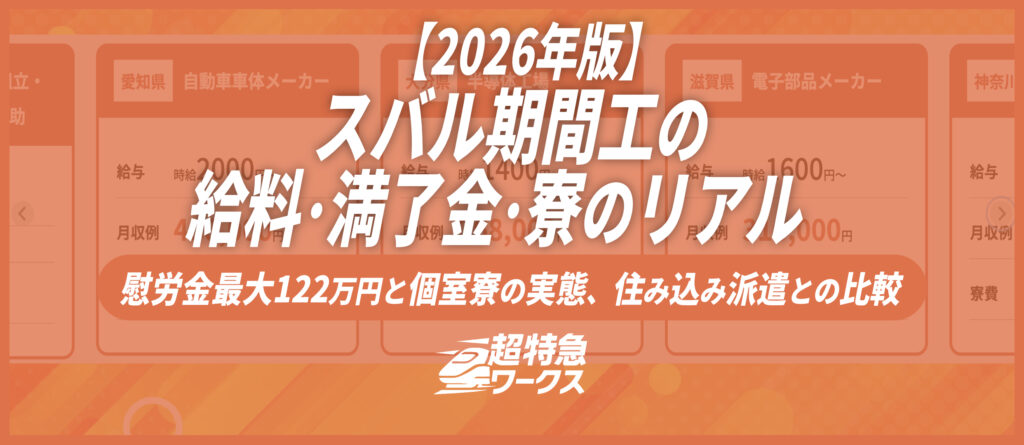 スバル期間工の給料・満了金・寮のリアル｜慰労金最大122万円と個室寮の実態、住み込み派遣との比較【2026年版】